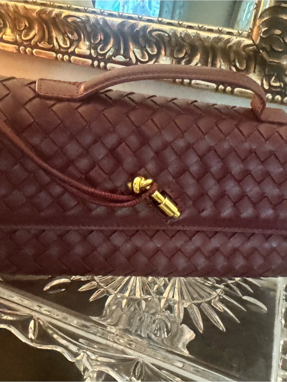 Woven Leather Wristlet Clutch in Burgundy with Gold Accent